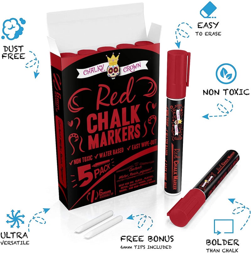 CHALKY CROWN قلم ماركر سائل تشالكي كراون - قلم مسح جاف - أقلام طباشير لعلامات السبورة، النوافذ، السبورة السوداء، الزجاج - طرف قابل للعكس 6 مم (أحمر، 5 عبوات) - Image 2
